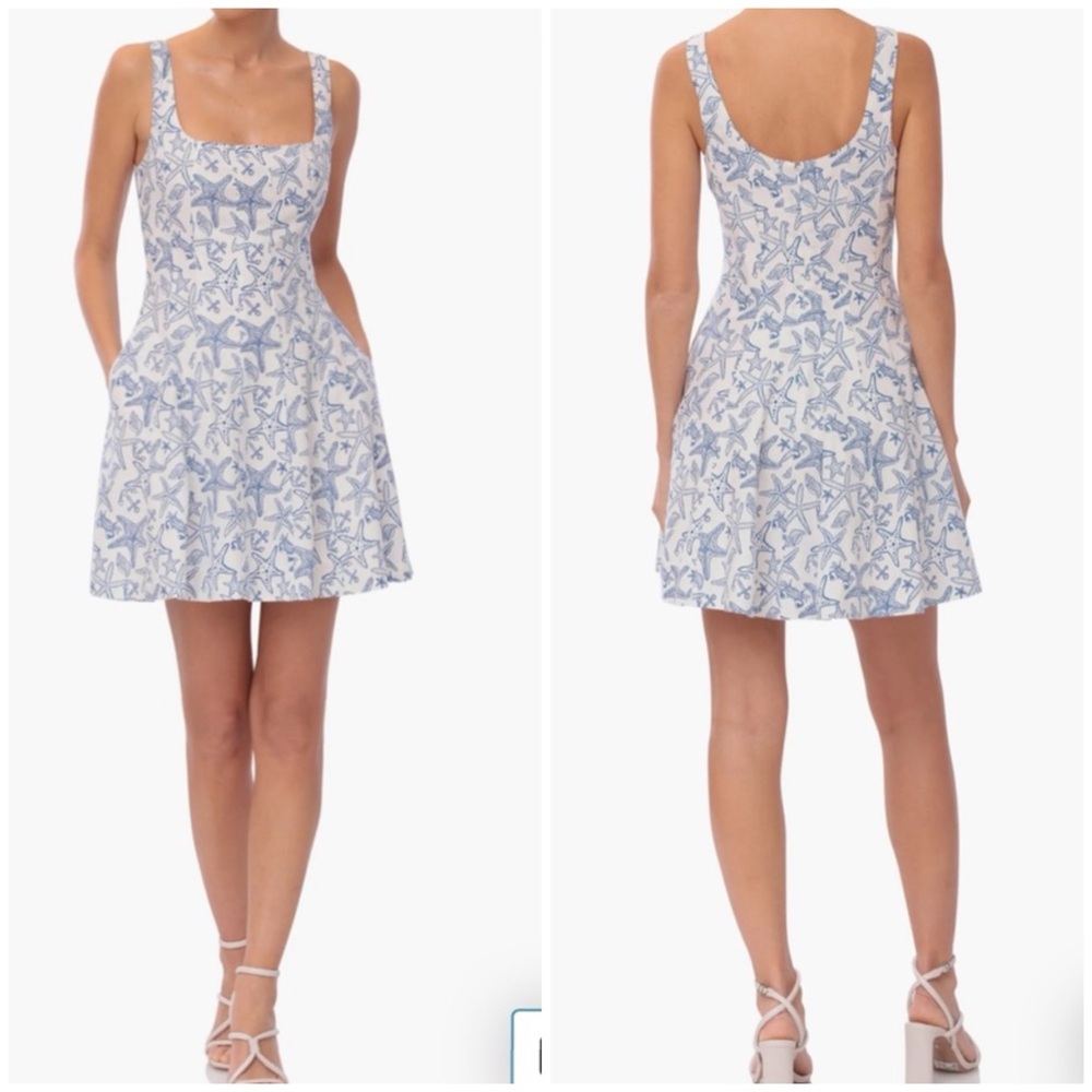 Avec Les Filles Starfish Anchors Shells Linen Mini Dress White Blue Size 12
